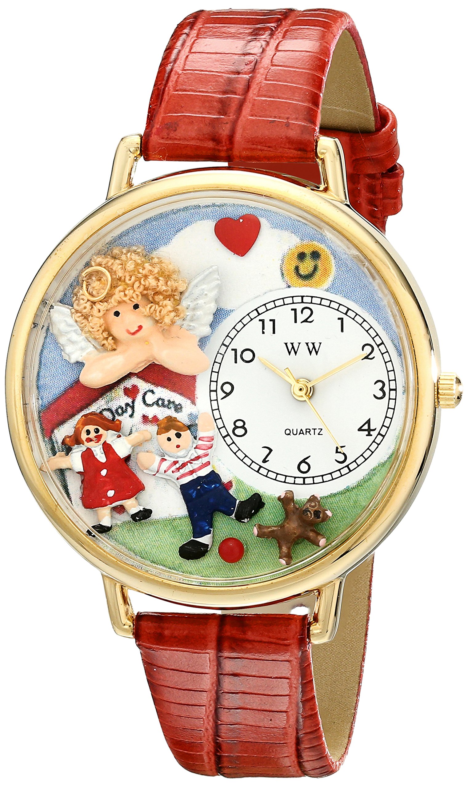 Whimsical Watches Day Care Teacher Red Leather and Goldtone Unisex Quartz Watch with White Dial Analogue Display and Multicolour Leather Strap G-0630015