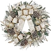 24 inch Champagne Christmas Door Wreath with Bow, Pine Wreaths for Front Door with Golden Ball Leaf Stems Pinecones Berries for Fireplace Xmas Decorations, Wall Window Indoor Outdoor Decor