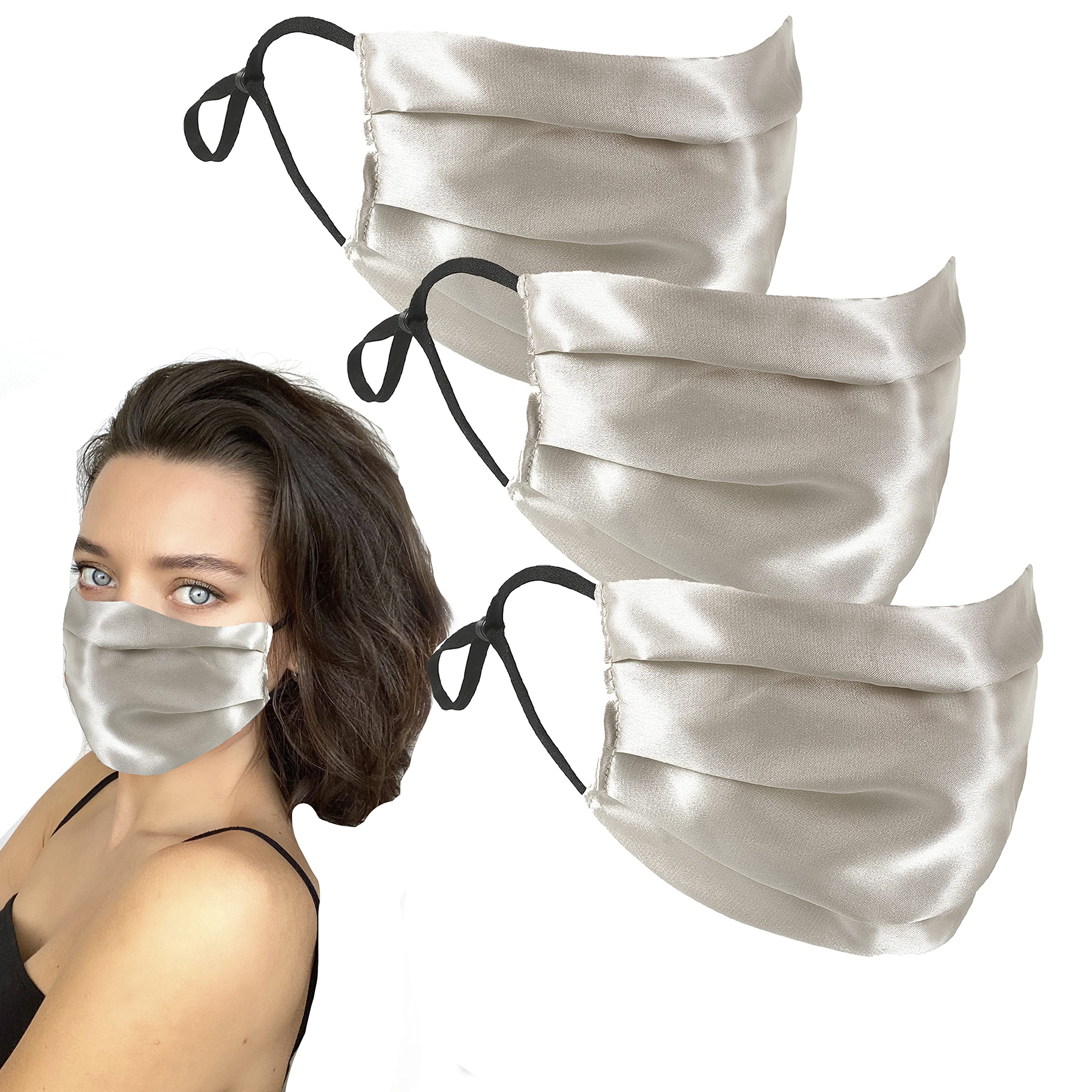 GOLDEN HOUR Silk Satin Face Mask | Sensitive Skin Face Mask | Hypoallergenic Face Mask | Adjustable Face Mask | Silk Face Mask Washable UK (Set of 3, Ivory)