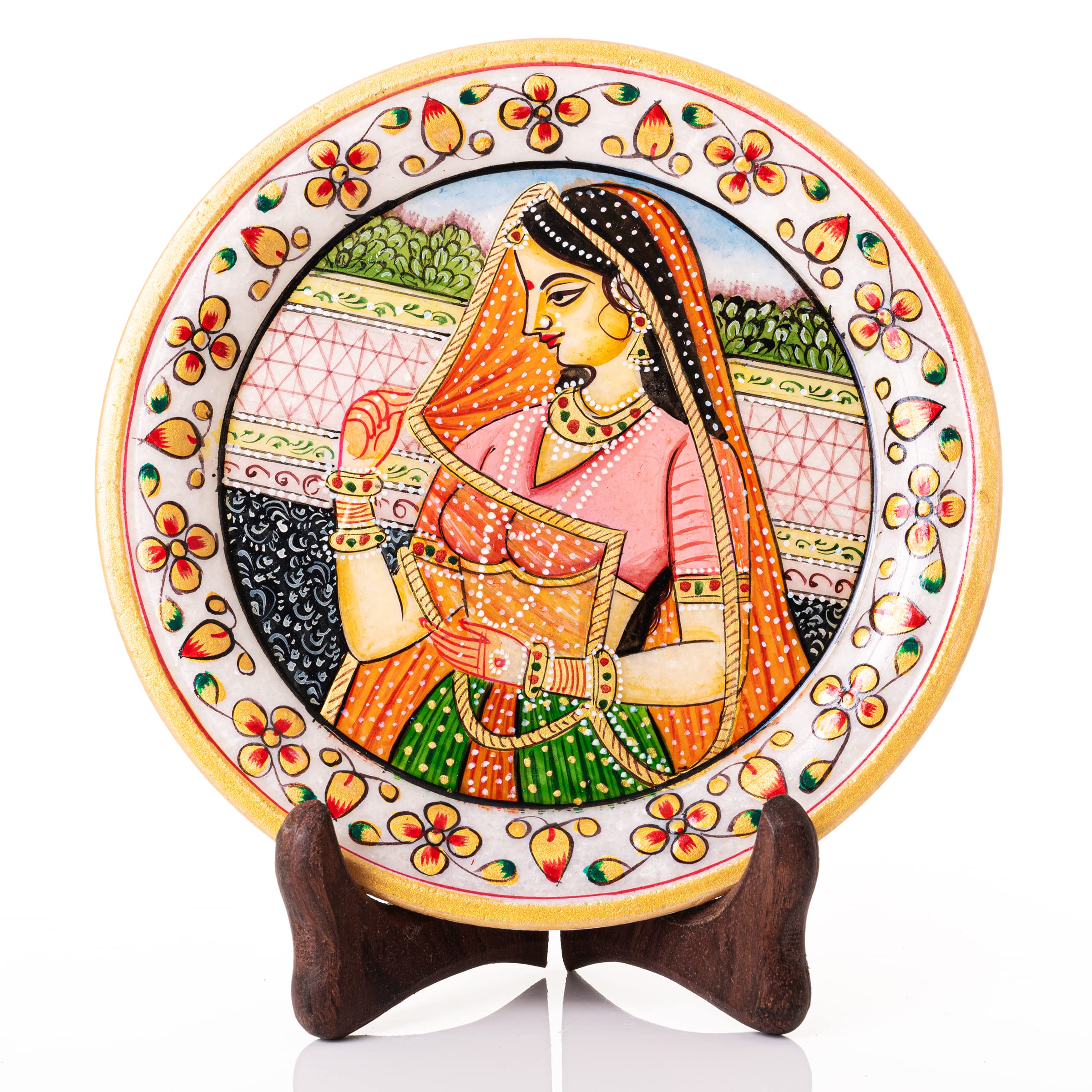 Marble Decorative Plate Traditional Indian Handpainted Round Shape Showpiece Pottery Plate with Stand for Decoration Home Office Décor and Gifting (Rajasthani Lady)