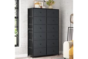 EnHomee 12 Drawer Dresser, Tall Dressers for Bedroom with Wooden Top and Metal Frame, Black Dresser & Chest of Drawers for Bedroom, Closet Living Room, Black Grey, 11.9" D x 34.8" W x 52.2" H