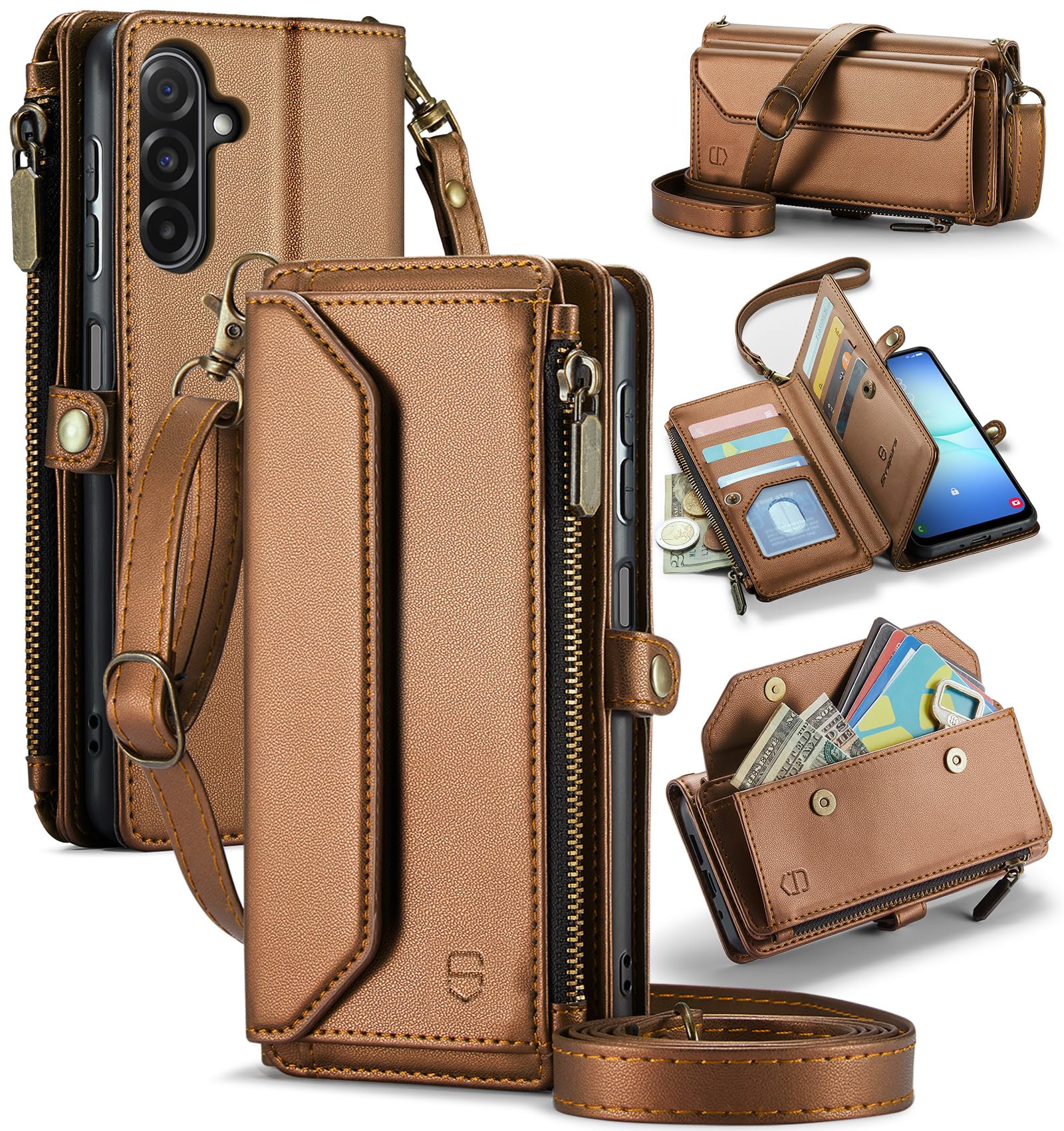 Strapurs Wallet Case Compatible with Samsung Galaxy A17 5G RFID Blocking Card Holder Soft PU Leather Magnetic Snap Shoulder Strap Zipper Pocket Phone Case Fit for Galaxy A17 6.7" - Brown