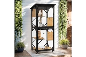 GIODIR 4 Tiers Catio Outdoor Cat Enclosure on Wheels, Large Catios for Cats Indoor Outdoor Patio with Waterproof Roof, 4 Platforms, Resting Box, Cat House Cage with Scratching Post (Black)