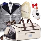 Karavansky Garment Duffle Bag for Travel with Compact Travel Iron, Beige | Garment duffle bag with convertible travel bag design, 10 pockets, shoe compartment, laundry pouch, and backpack straps.
