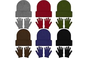 Cooraby 12 Pack Kids Winter Beanies Hats and Full Fingers Gloves for Boys Girls Warm Knitted Set for Cold Weather