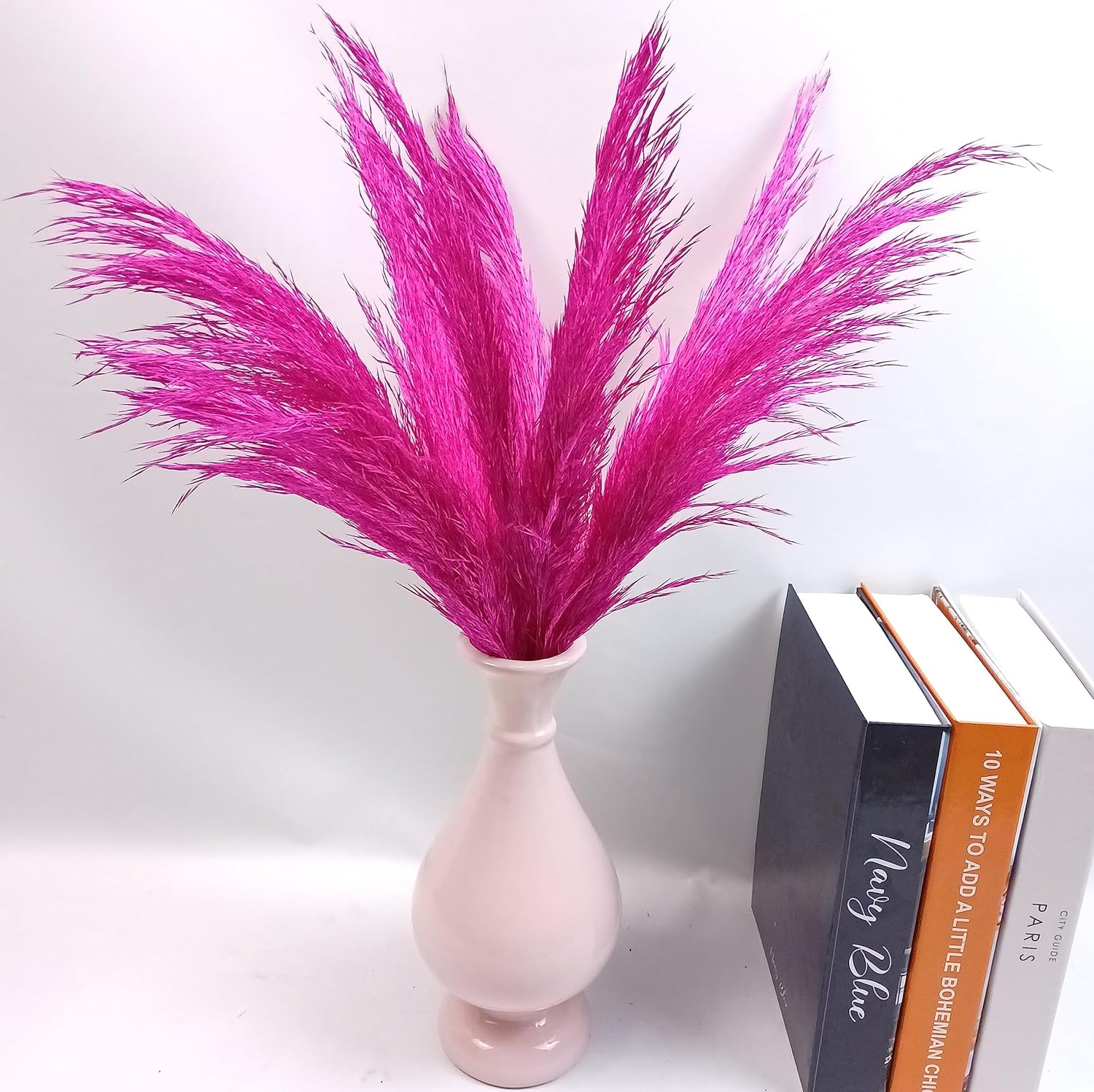 Dried & Preserved Flora - Fuchsia Pink Pampas Grass Decor, Natural Dried Flowers, 17 inches, 10 Stems, Colorful Pompas Floral, Colored Feathers, Plants for Living Room Decor, Weddings (17” Fuchsia, 10 pcs)