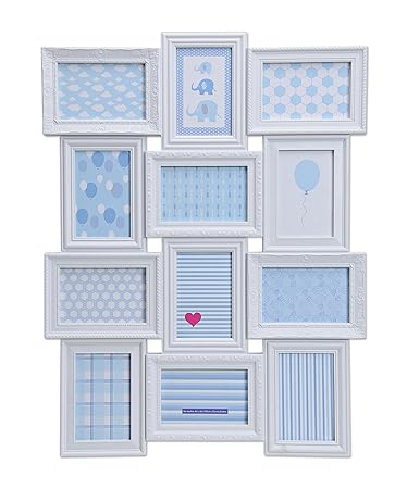 WOMA Bilderrahmen Fotocollage im XXL Hochformat für 12 Fotos - Collage mit Glasscheibe aus Kunststoff - 69cm x 52cm in weiß