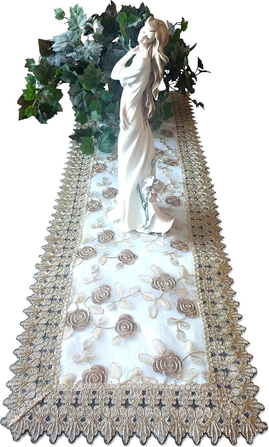 Galleria di Giovanni Dresser Scarf 54 Inch Metallic Gold Rose Lace Victorian Dresser ScarfTable Runner Doily