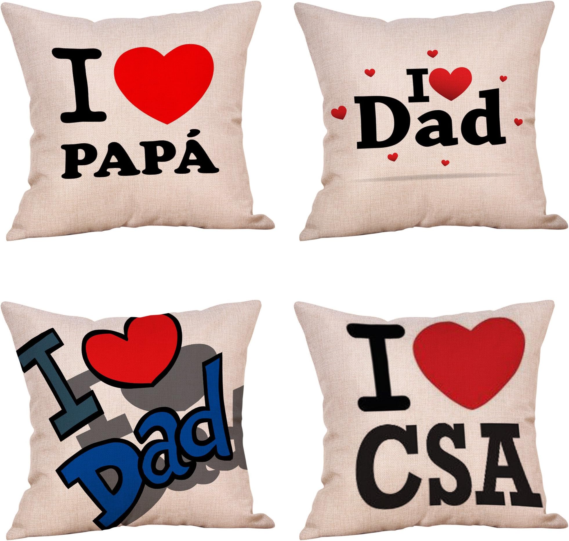VIGVOG Father’s Day Gifts Cushion Cover Linen Happy Father's Day,I Love Papa,I Love Dad,Cute Dog Throw Pillow Cover For Decorative Home Sofa Couch 18" x 18", 4 Packs (Style b)