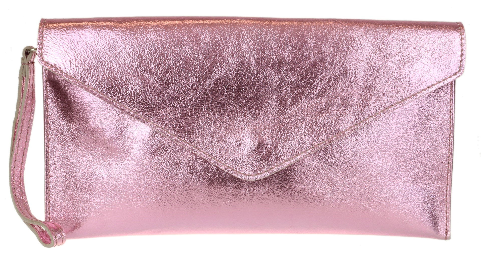 Girly Handbags Womens Genuine Leather Italian Metallic Shimmer Envelope Wrist Clutch Bag (Light Pink)