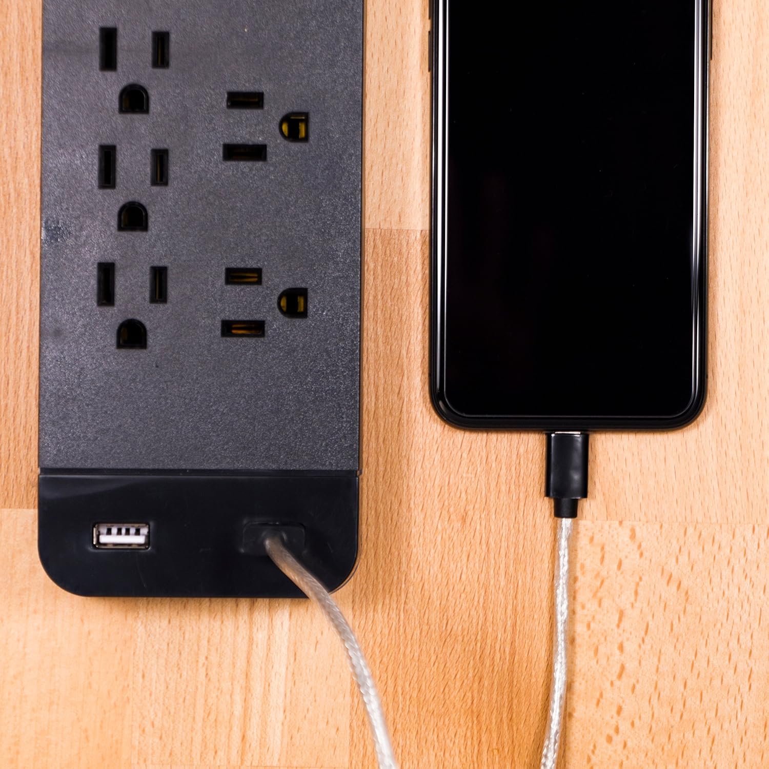 GE, Black, Strip Surge Protector Charger, 7 Outlets, 2 USB Ports, Fast Charge, Flat Plug, Long Power Cord, 3 Feet, Wall Mount, Warranty, 37054, 3 Ft: Electronics