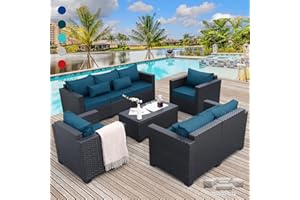 Rattaner Patio Furniture Set 5 Pieces Outdoor Furniture Sets Patio Couch Outdoor Chairs Coffee Table Peacock Blue Anti-Slip Cushions and Waterproof Covers