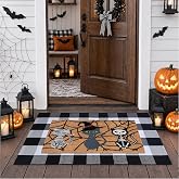 Halloween Door Mat Set, 100% Coir Doormat & 43*28 Inches Buffalo Plaid Rug | Halloween Welcome Spooky Cat Skeleton Front Door Mats Black and White Rug Layered Front Porch Entryway Decor
