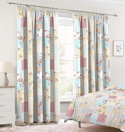 Vintage Patchwork Shabby Chic One Pair Curtains Plus Tiebacks