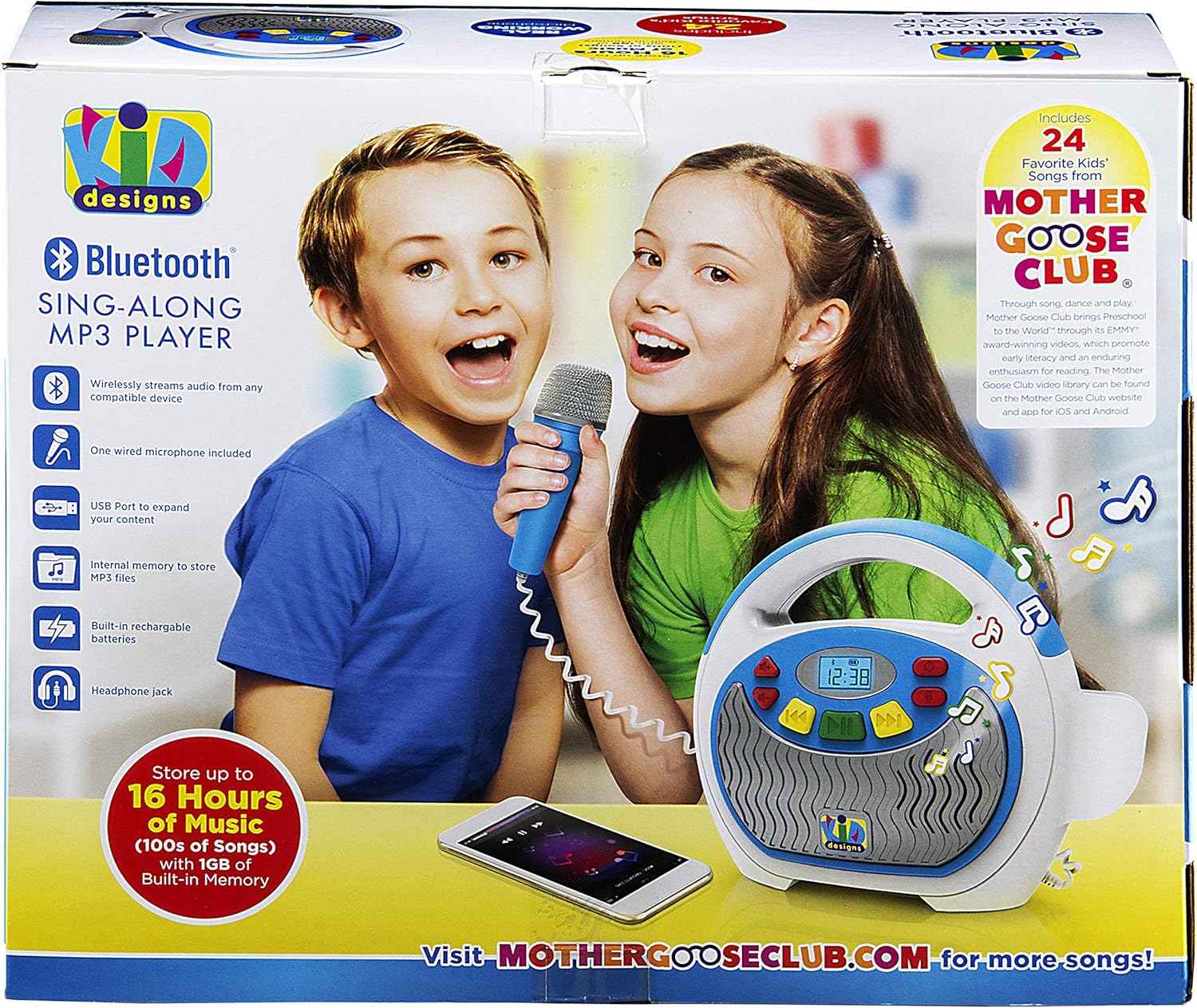 eKids Mother Goose Club Bluetooth Sing Along Portable MP3 Player Real Mic 24 Songs Storesup to 16 Hours of Music 1 GB Built in Memory USB Port: Toys & Games