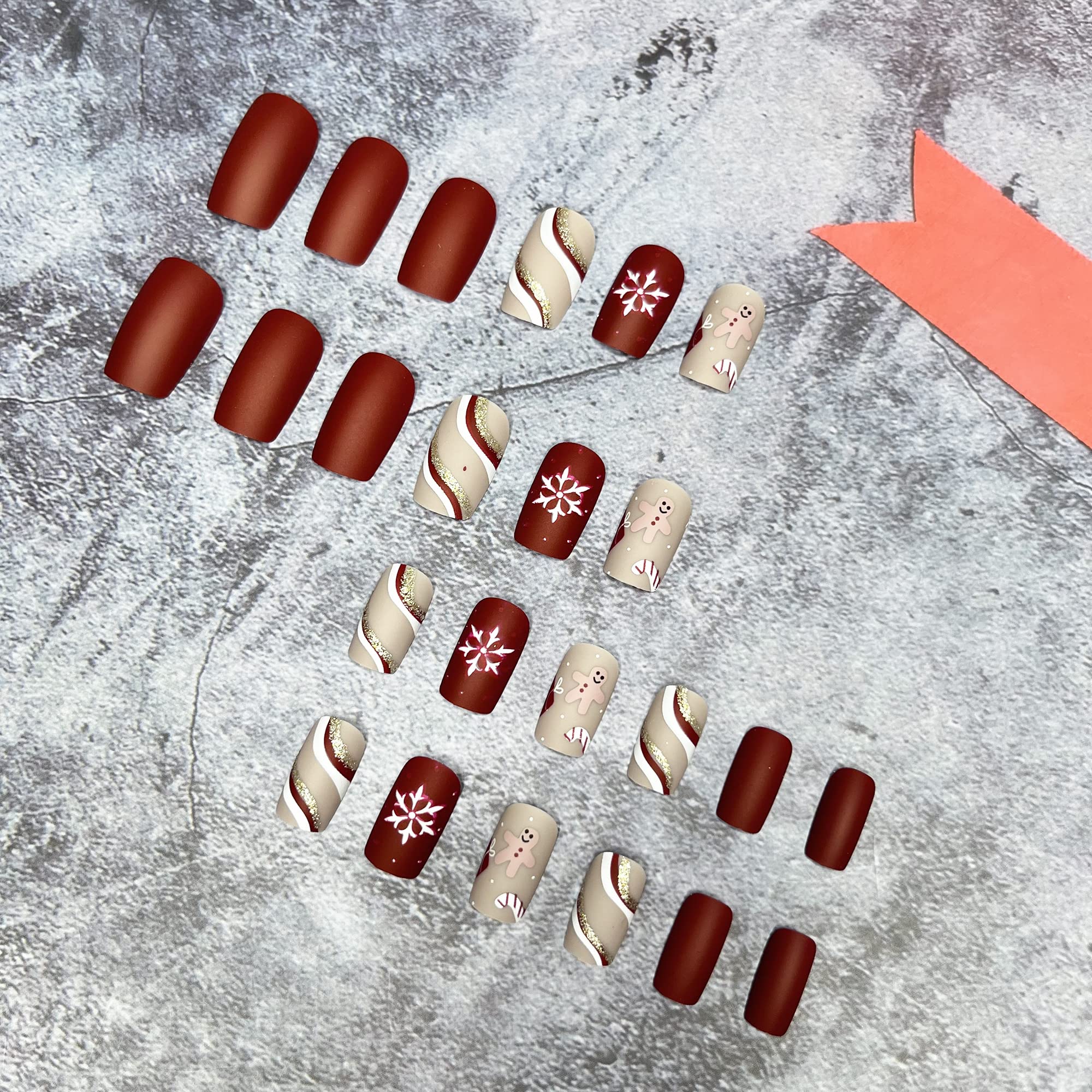Christmas Press on Nails Short Red Square Fake Nails Winter Snowflake Acrylic False Nails with Design Swirl Matte Full Cover Artificial Glue on Nails Winter Nail Decorations for Women Girls - Image 7