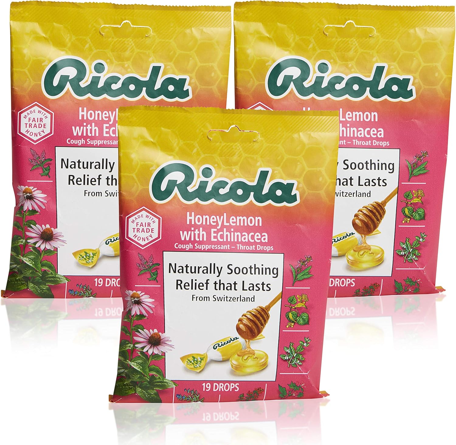 Ricola Honey Lemon w/Echinacea Herbal Cough Suppressant Throat Drops, 19ct Bag (Pack of 3): Health & Personal Care
