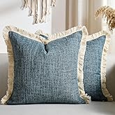 Faux Linen Decorative Pillow Coves 18x18 Set of 2 Blue Boho Farmhouse Throw Pillowcases with Tassels Fringed Rustic Woven Textured Burlap Cushion Covers for Couch Sofa Bed Living Home Decor