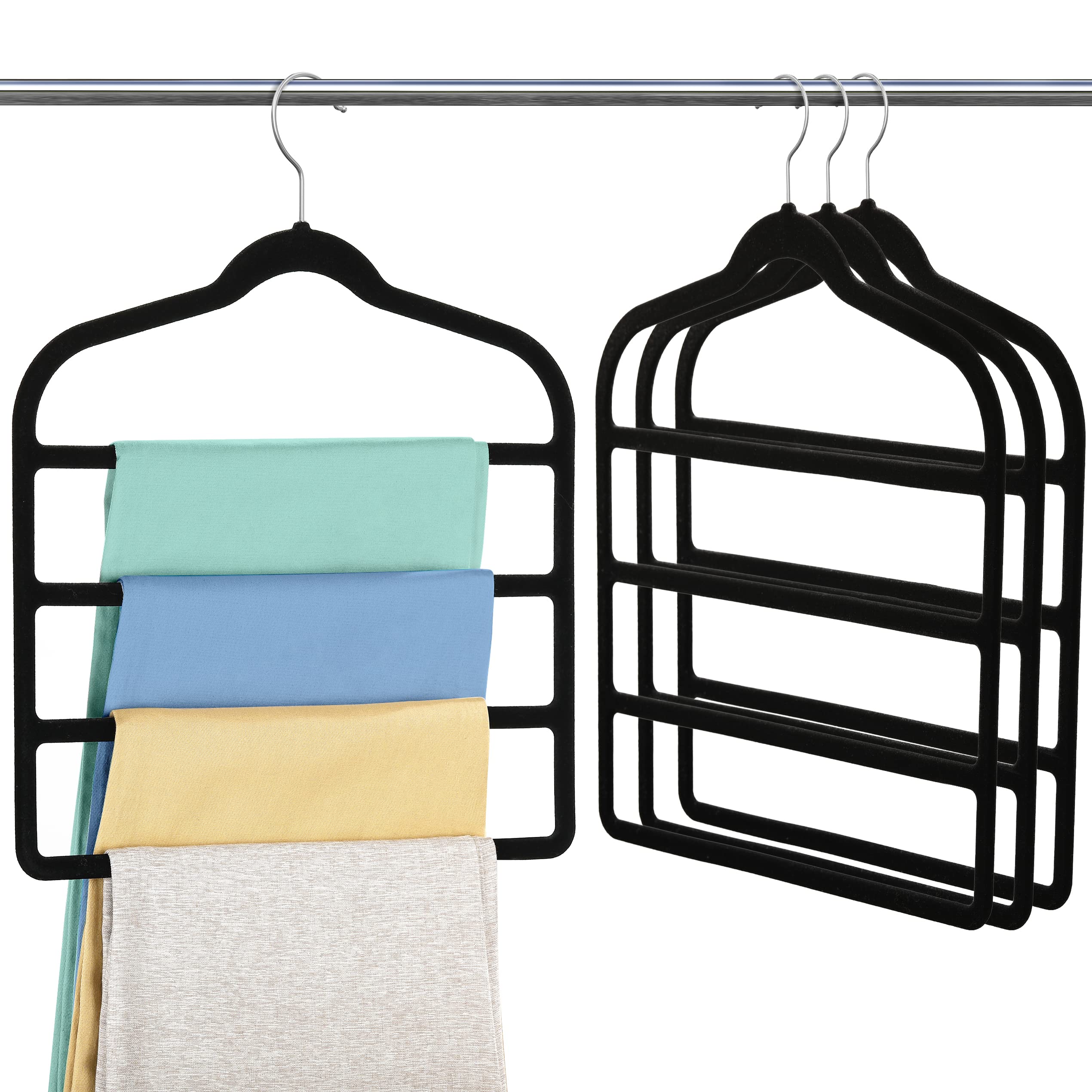 Jeowoqao 4 Pack Velvet Trouser Hangers, Space Saving Non-Slip Clothes Hanger Multi Layer Pants Hanger for Jeans, Scarf, Belts, Ties, Towel (Black)