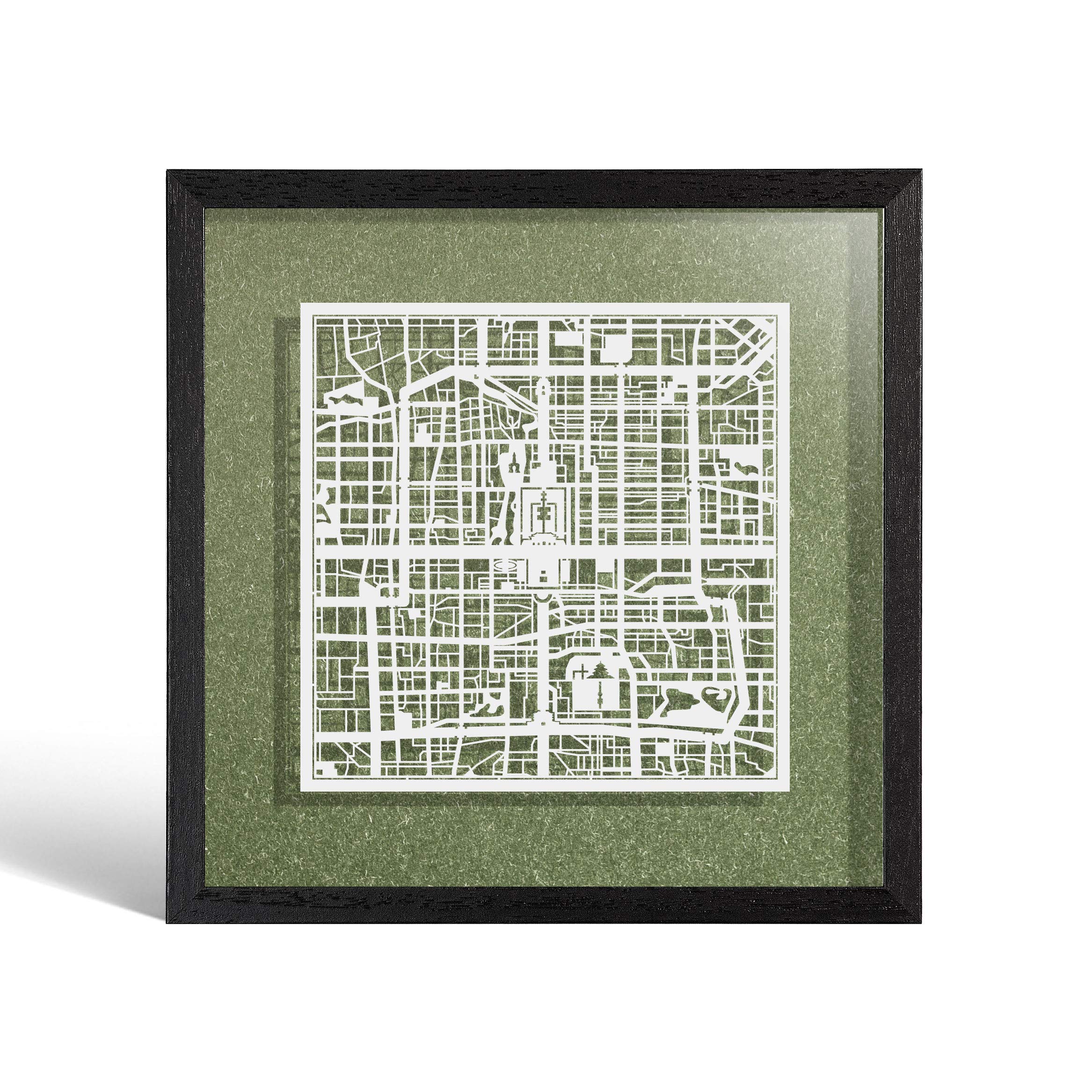 O3 DESIGN STUDIO Beijing Paper Cut Map framed, White map, Black frame, 9x9 inches, Gift Boxed, 4 background color, self-changing, Paper Art