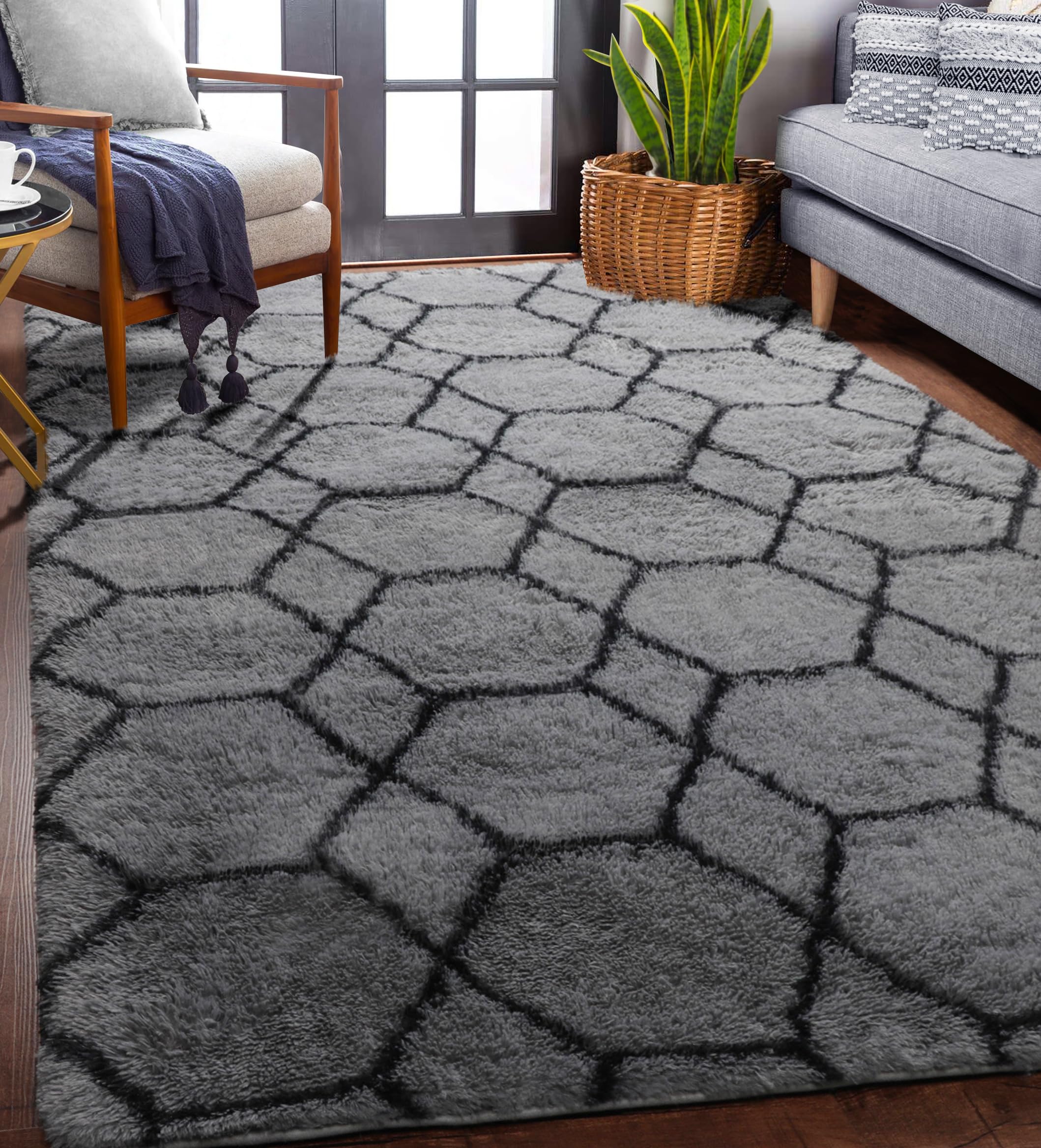 Photo 1 of ONASAR Bedroom Living Room Area Rugs 5x8, Grey and Black Geometric Rug Floor Mat for Home Decor Aesthetic, Soft Shaggy Plush Fluffy Moroccan Carpet for Teen Nursery Playroom Dorm Classroom