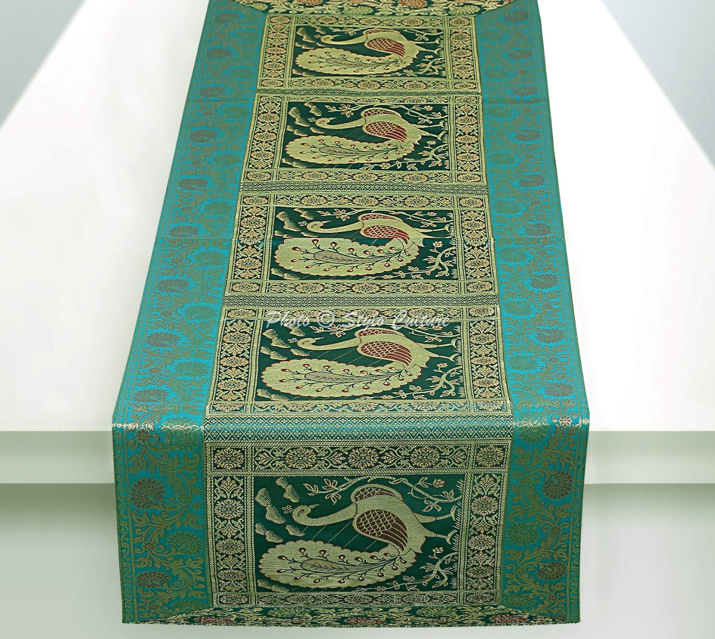 Stylo Culture Indian Coffee Table Runner Dark Green Gold Peacock Floral Brocade Jacquard Rectangle Home Decor Ethnic Extra Long Tablecloth | 60x16 Inches ( 152 x 40 cm)