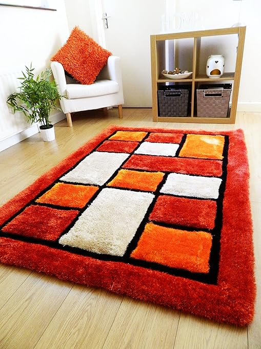 NEW RUST ORANGE CREAM BLACK BLOCKS DESIGN LUXURIOUS THICK PILE RUG