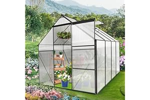 LUSPAZ 6x8 FT Outdoor Patio Greenhouse, Adjustable Roof Vent and Rain Gutter for Plants, Clear Polycarbonate Panels Greenhouse, Garden Greenhouse for Winter Garden Backyard