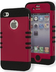 Bastex Heavy Duty Hybrid Case for iPhone 4, 4S, 4G, 4GS, 4th Generation - Black Silicone/Hot Pink, Magenta, Red Hard Shell