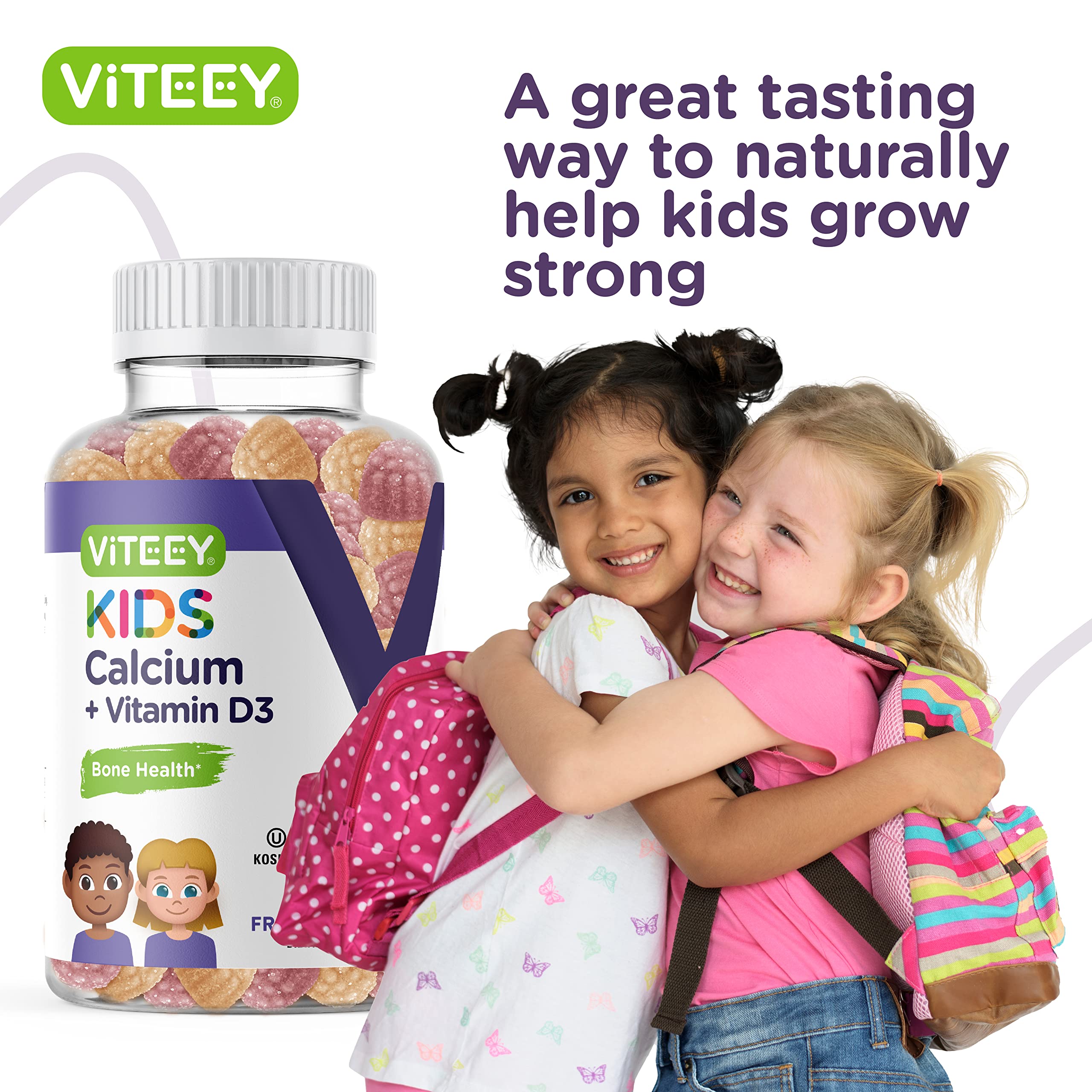 Kids Calcium Gummies with Vitamin D3 - Supports Bone Health & Tooth Health - Naturally Sourced Calcium 500mg Plus Vitamin D3 1000iu - Gluten Free, GMO Free - Tasty Chewable Fruit Flavored Gummy