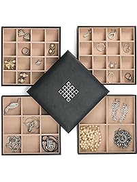 Glenor Co Earring Organizer Tray - 4 Stackable Trays Lid -45 Slot Classic Jewelry Storage Display Case Drawer Dresser - Holder Earring Ring Necklace Cufflinks - Large Mirror - Black