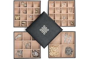 Glenor Co Earring Organizer Tray - 4 Stackable Trays with Lid -45 Slot Classic Jewelry Storage Display Case for Drawer or Dresser - Holder for Earring Ring or Necklace - Large Mirror - Black