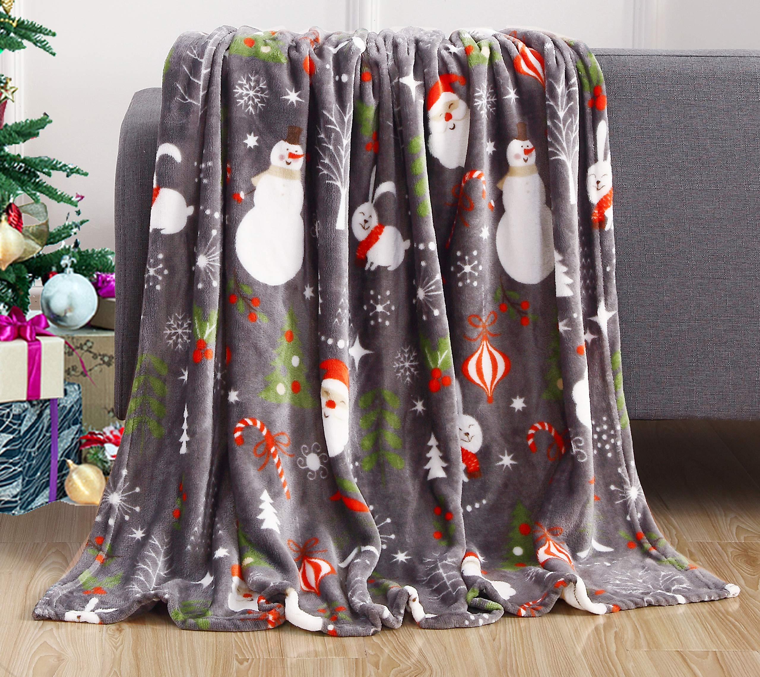 Elegant Comfort Velvet Touch Ultra Plush Christmas Holiday Printed Fleece Throw/Blanket-50 x 60inch, (Santa Snowman Gray) — image 1