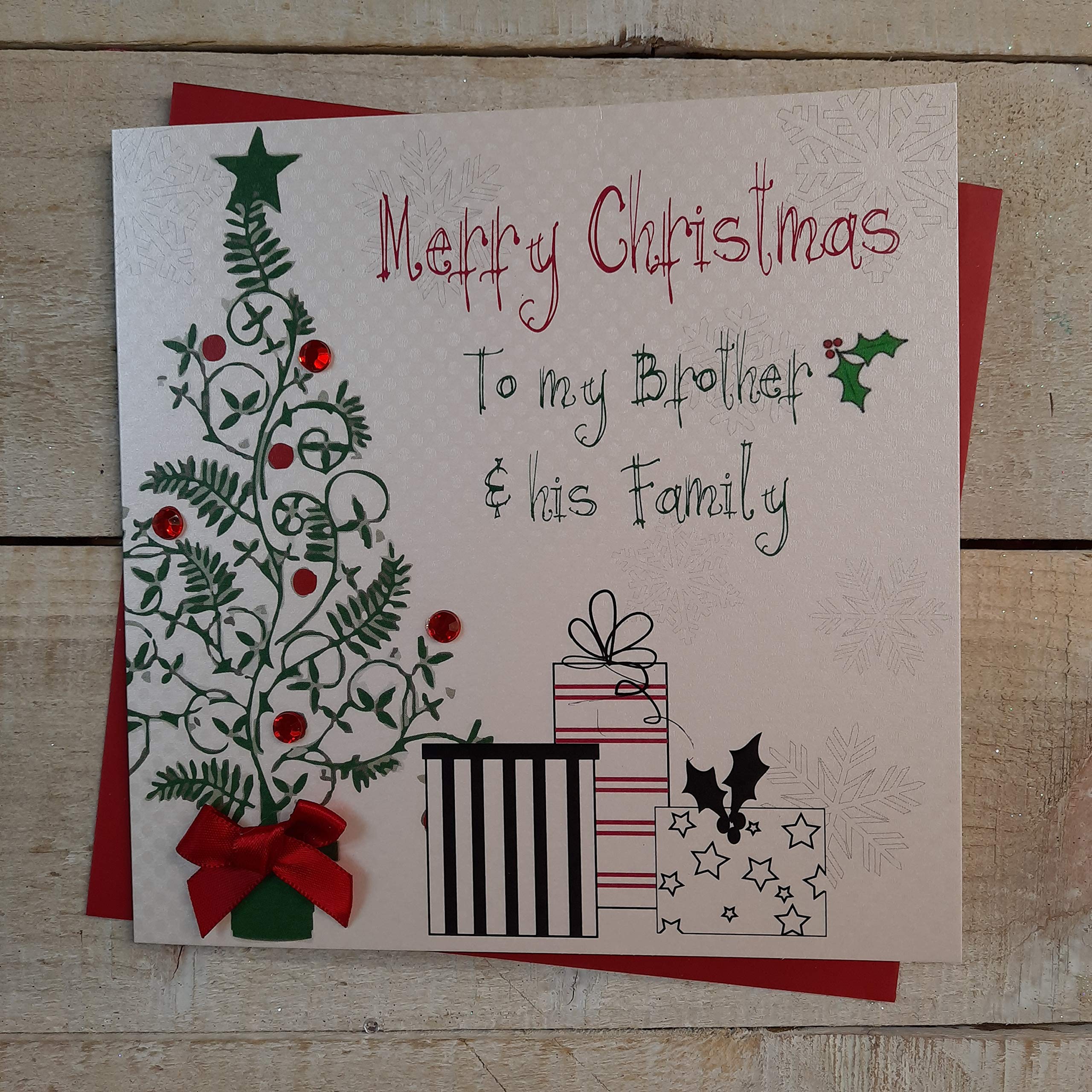 White Cotton Cards Merry Brother & His Family Handmade Christmas Card (Tree & Presents Code fp45)