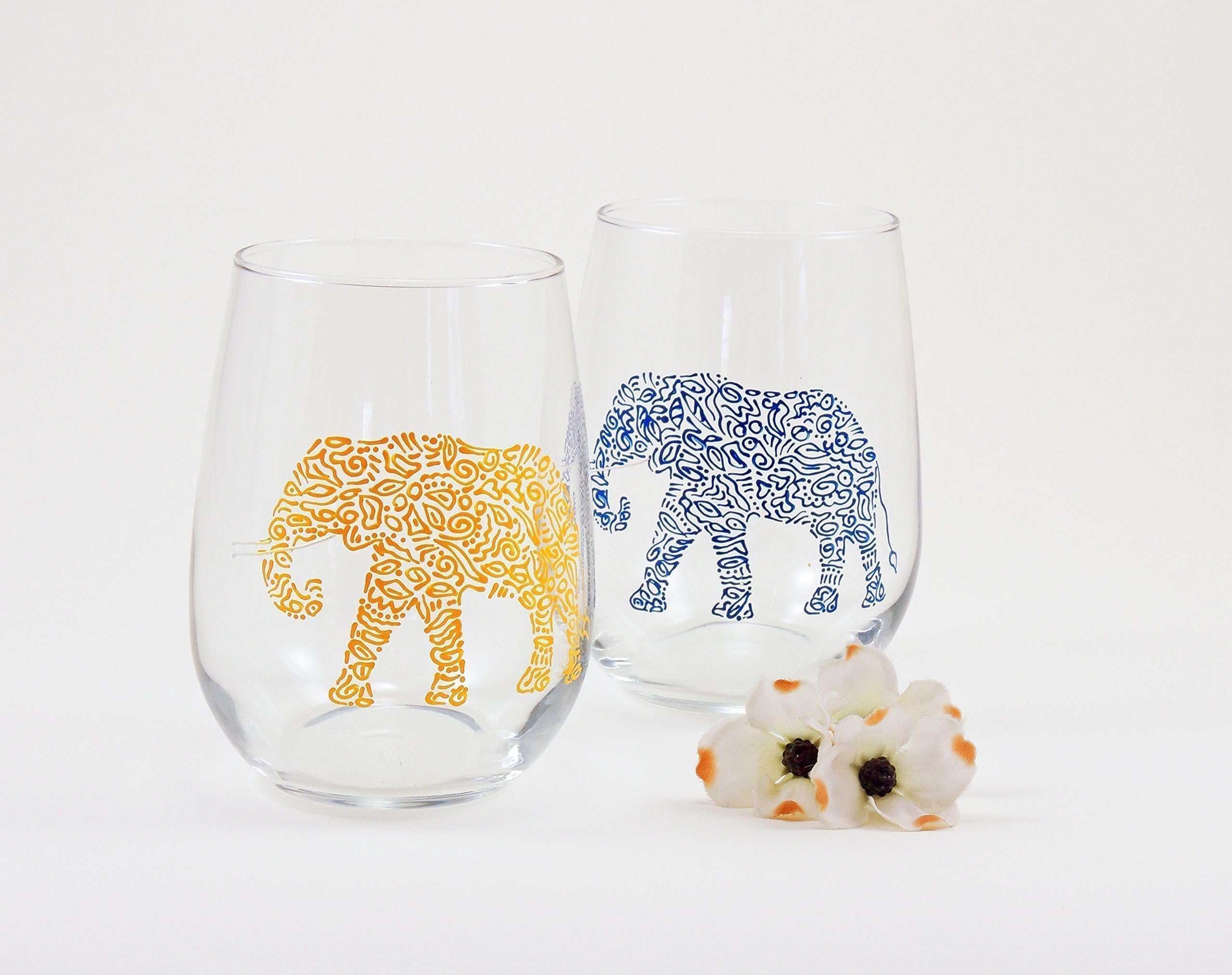 Hand painted elephant wine glasses, yellow and blue