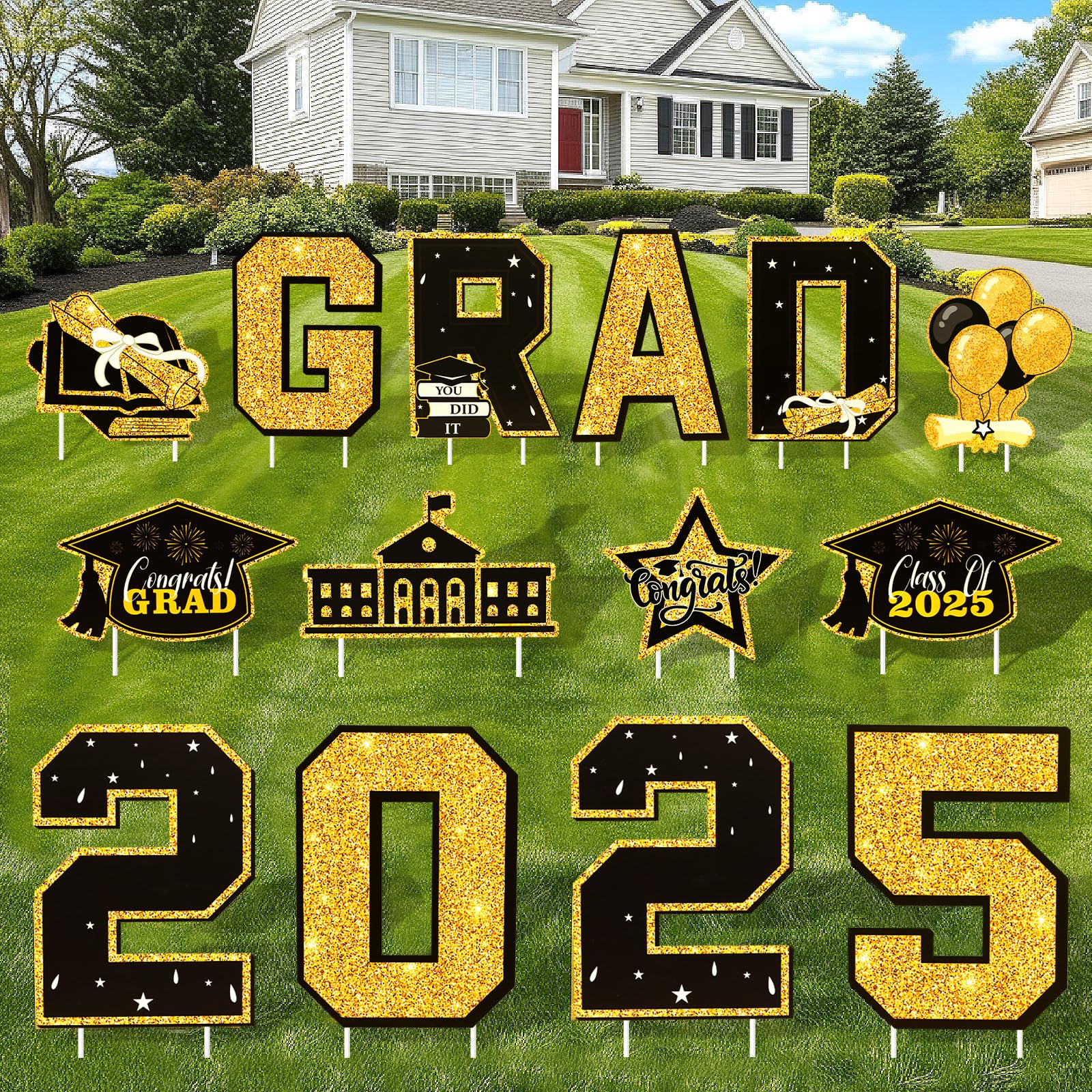 Photo 1 of 14 PCS Graduation Yard Signs Class of 2025, Graduation Decorations Congrats Grad Signs with Stakes for Outdoor Lawn, 2025 Graduation Party Decorations for School College Party Supplies(Black Gold)