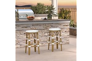 PURPLE LEAF Patio Round Counter Height Stool Set of 2 Outdoor Backless Barstools Aluminum Frame in Bamboo Finish with White & Gray Woven Rattan for Indoor Kitchen Dining Bistros Cafe Restaurant