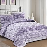 Yiran Purple Quilt Set Queen Size,Boho Striped Quilt Bedding Set Bohemian Floral Bedspread Lightweight Microfiber Paisley Quilt with 2 Pillow Shams 96"×90"