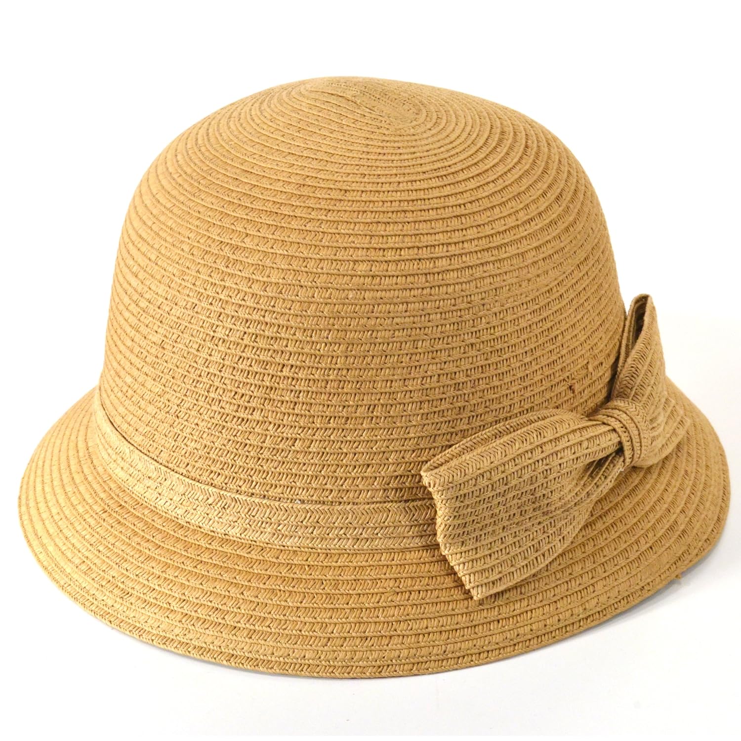 Women's brown riged straw cloche hat with large side bow (56cm) Amazon