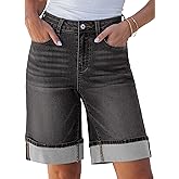 luvamia Jean Bermuda Shorts for Women High Waisted Knee Length Cuffed Long Stretchy Denim Shorts Loose Summer Jorts