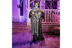 JOYIN 67" Halloween Decorations Outdoor Life Size Animatronics Grim Reaper with Chain, Sound-Actived Party Decor with Creepy Sound, Scary Haunted House Props for Garden Yard Lawn
