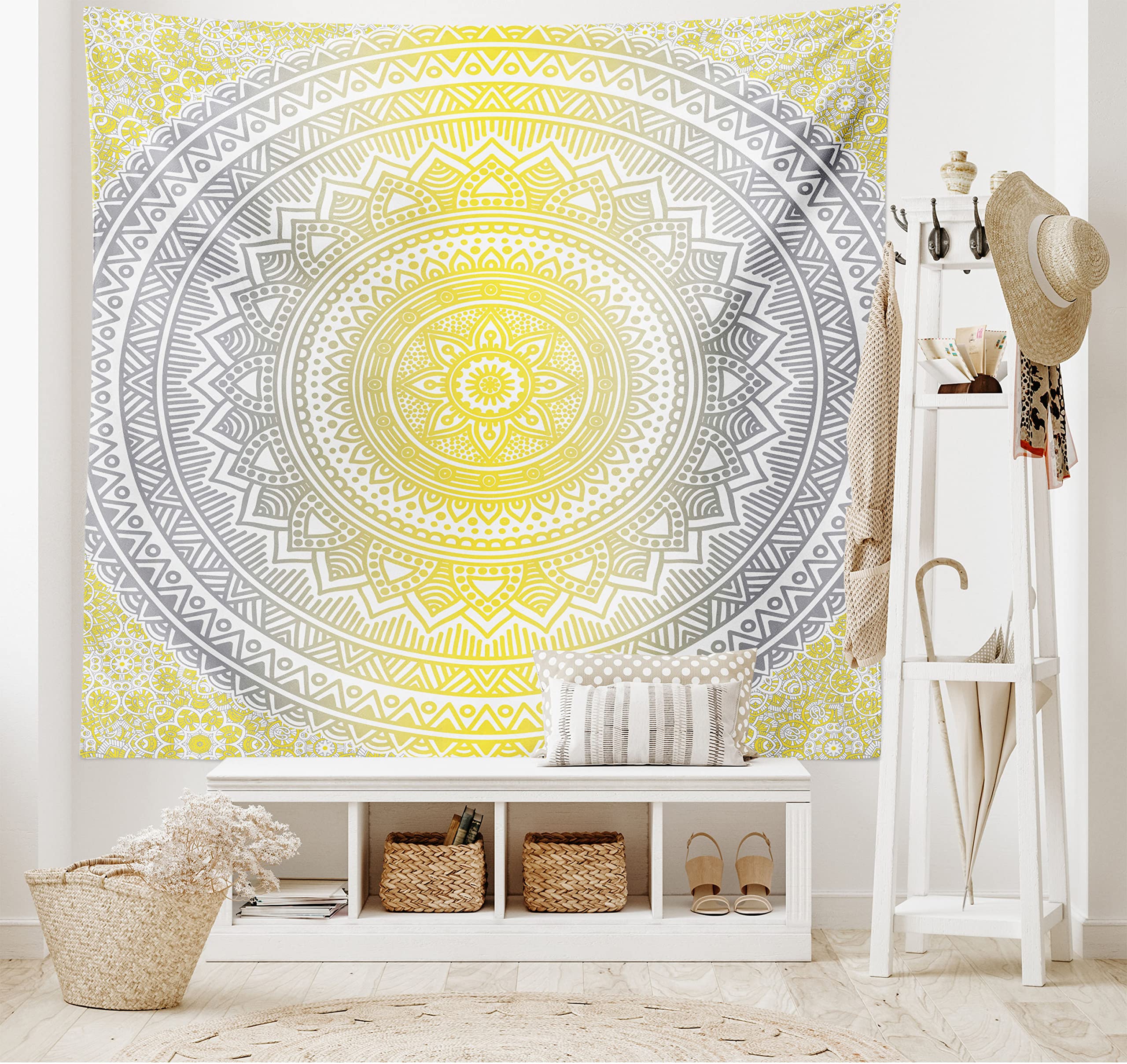 ABAKUHAUS Grey and Yellow Tapestry, Soft Pastel Color Ombre Mandala Circular Art Medallion Print, Fabric Wall Hanging Decor for Bedroom Living Room Dorm, 90 W X 54 L, Grey Yellow