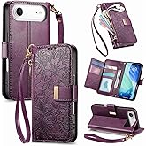 TopFunny Cases for iPhone Air Wallet Case Flower for Women with Card Holder Retro Embossed Leaf PU Leather Zipper Flip Cover with Detachable Strap for Apple iPhone Air 6.6" Purple