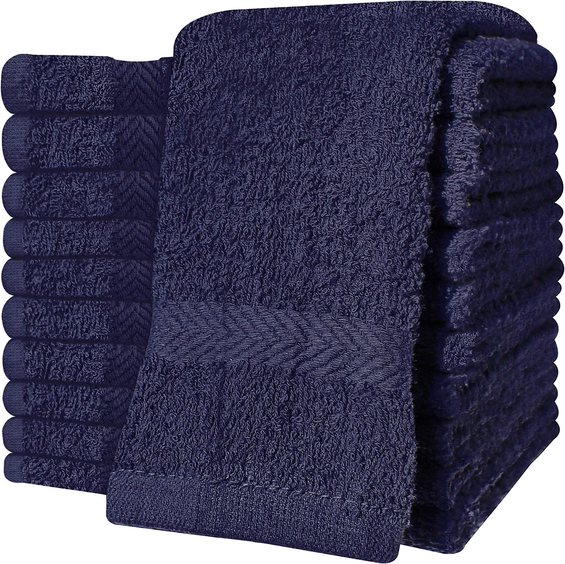 QCS Towels – 12 Pack Washcloths Set 30 x 30 cm, 100% Cotton Super Absorbent & Quick Dry Flannel Face Cloths, Fade Resistant and Soft Feel Fingertip Towels (Navy)