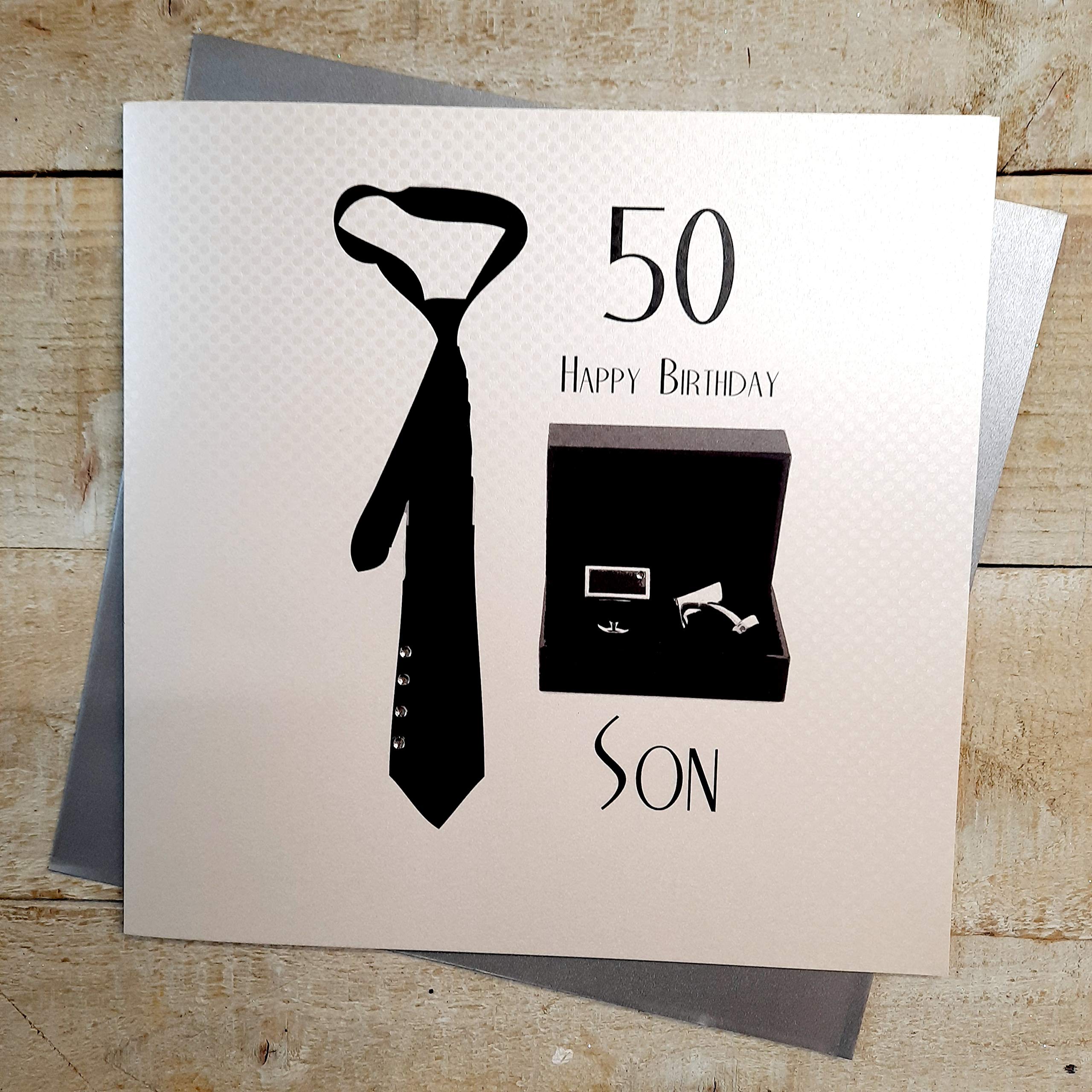 WHITE COTTON CARDS 50 Happy Son, Hand Finished Large 50th Birthday Card (Code XSBC50-S, Tie & Cufflinks)