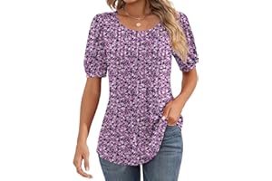 Ficerd Women's Puff Short Sleeve Tunic Tops Pleated Crew Neck Summer Blouses Dressy Casual Loose T Shirts