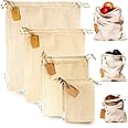LEAFICO Muslin Cloth Bags with Drawstrings - Set of 8 (S, M, L, XL) - Reusable Natural Cotton Bags for Bulk Food Storage - Canvas Fabric Sachets
