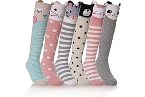 FNOVCO Girls Knee High Socks Kids Crazy Fun Gift Cute Animal Patterns Cotton Long Socks 6 Pairs