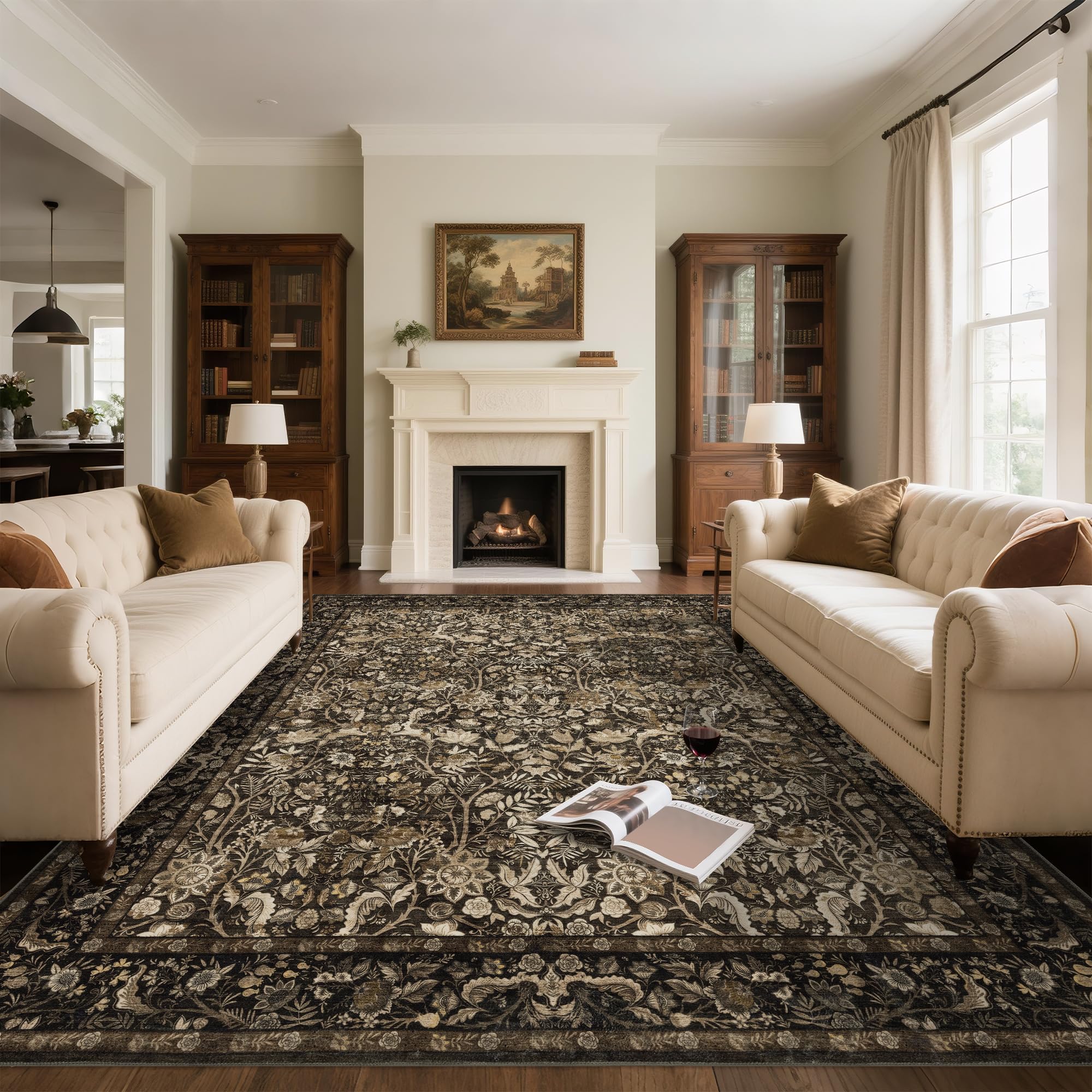 Photo 1 of Luxcrest Brown 8x10 Area Rug: Vintage Floral Washable Rugs for Living Room Bedroom Dining Room Under Kitchen Table Office - Soft Non-Slip Stain Resistant Low Pile Carpet Indoor - Brown and Gold