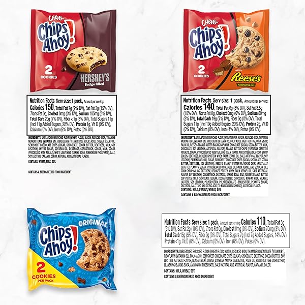CHIPS AHOY! COOKIES VARIETY PACK, ORIGINAL CHOCOLATE CHIP, CHEWY CHOCOLATE CHIP WITH REESE’S PEANUT BUTTER CUPS & CHEWY HERSHEY’S FUDGE FILLED SOFT COOKIES, 50 SNACK PACKS (2 COOKIES PER PACK)